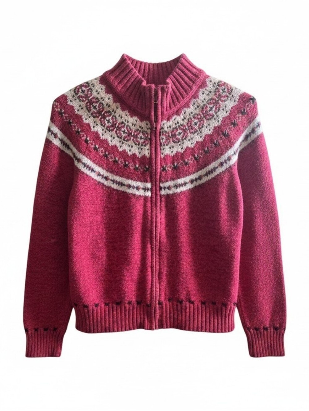 Tiara Rose Pink Zip-Up Nordic Yoke Sweater